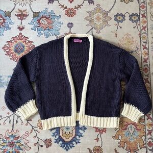 Edikted Navy Blue & Cream Contrast Chunky Knit Oversized Cardigan Sweater XS/S